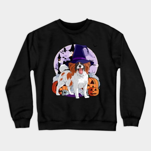Papillon Cute Dog Scary Halloween Witch Pumpkin Crewneck Sweatshirt by Noseking